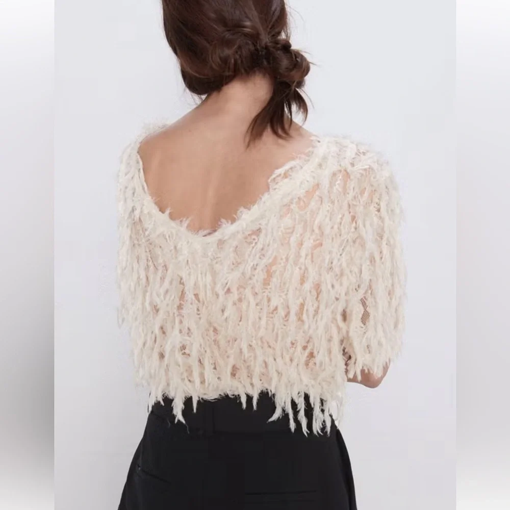 Zara Cream Textured Fringe Short-Sleeve Top Size M